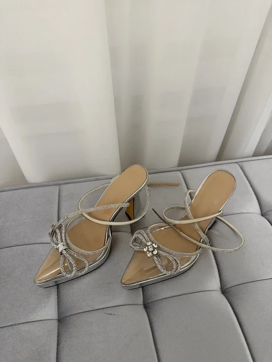 Silver Rhinestone Platform Mule Heels - Picture 2 of 6